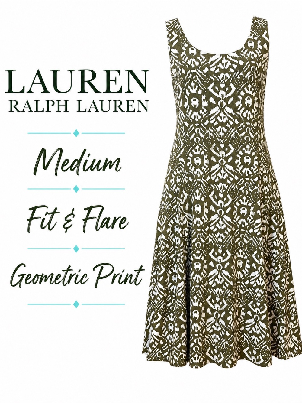 Lauren Ralph Lauren Fit & Flare Midi Dress M Olive Geometric Stretch Knit